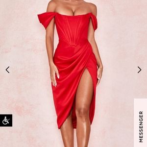 House of CB Loretta Off Shoulder Satin Corset Midi Dress Red